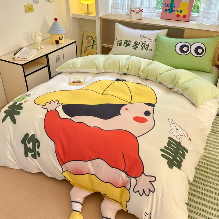 91家纺网 家纺一手货源 找家纺 一霖家纺 2025新款高克重云朵棉大版数码带脚丫四件套 大版-调皮的小新