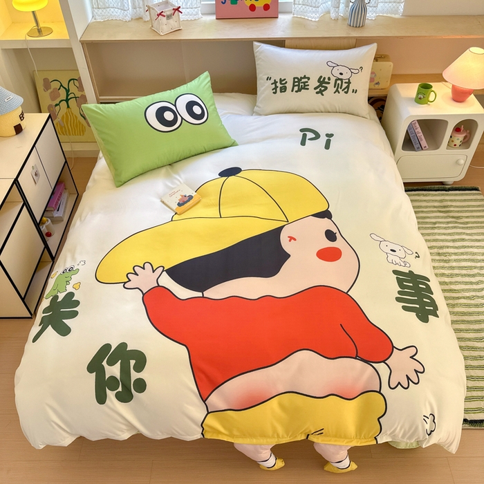 91家纺网 家纺一手货源 找家纺 一霖家纺 2025新款高克重云朵棉大版数码带脚丫四件套 大版-调皮的小新