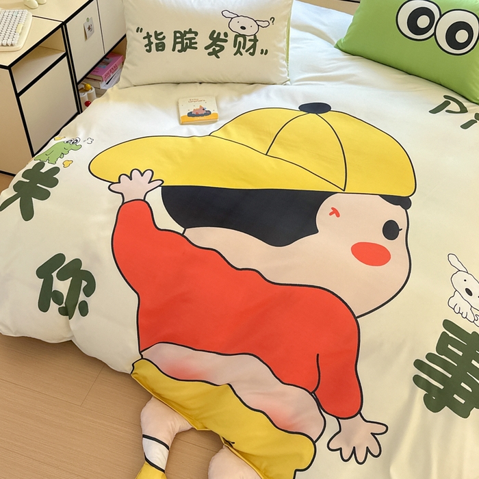 91家纺网 家纺一手货源 找家纺 一霖家纺 2025新款高克重云朵棉大版数码带脚丫四件套 大版-调皮的小新