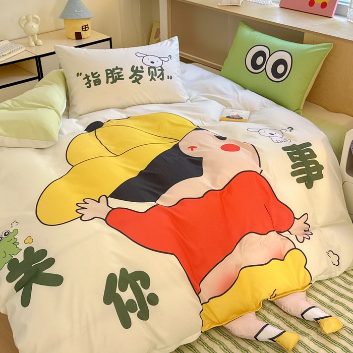 91家纺网 家纺一手货源 找家纺 一霖家纺 2025新款高克重云朵棉大版数码带脚丫四件套 大版-调皮的小新