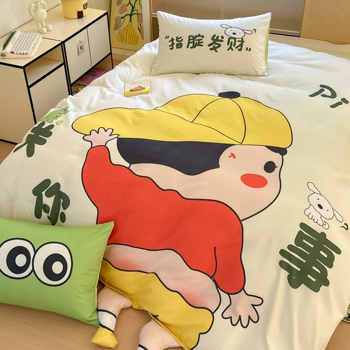 91家纺网 家纺一手货源 找家纺 一霖家纺 2025新款高克重云朵棉大版数码带脚丫四件套 大版-调皮的小新