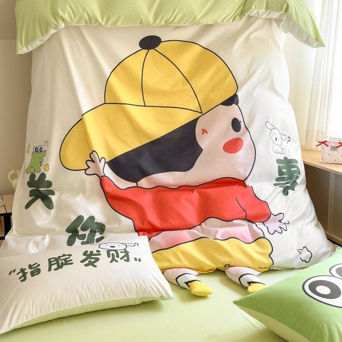 91家纺网 家纺一手货源 找家纺 一霖家纺 2025新款高克重云朵棉大版数码带脚丫四件套 大版-调皮的小新