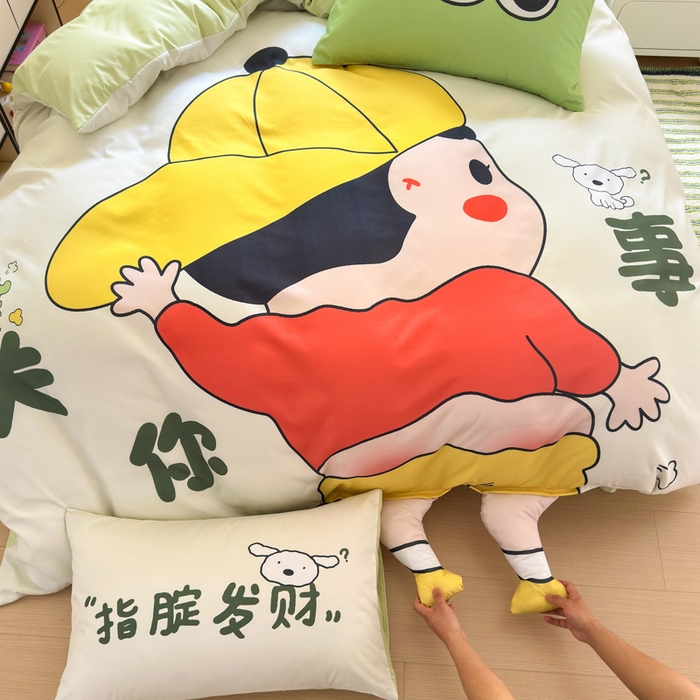 91家纺网 家纺一手货源 找家纺 一霖家纺 2025新款高克重云朵棉大版数码带脚丫四件套 大版-调皮的小新