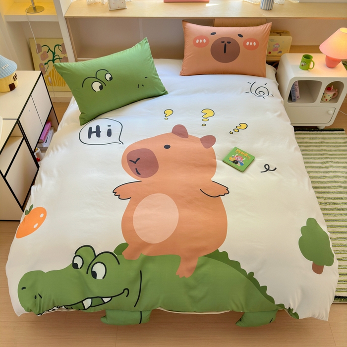 一霖家纺 2025新款高克重云朵棉大版数码带脚丫四件套 大版-鳄鱼和巴拉