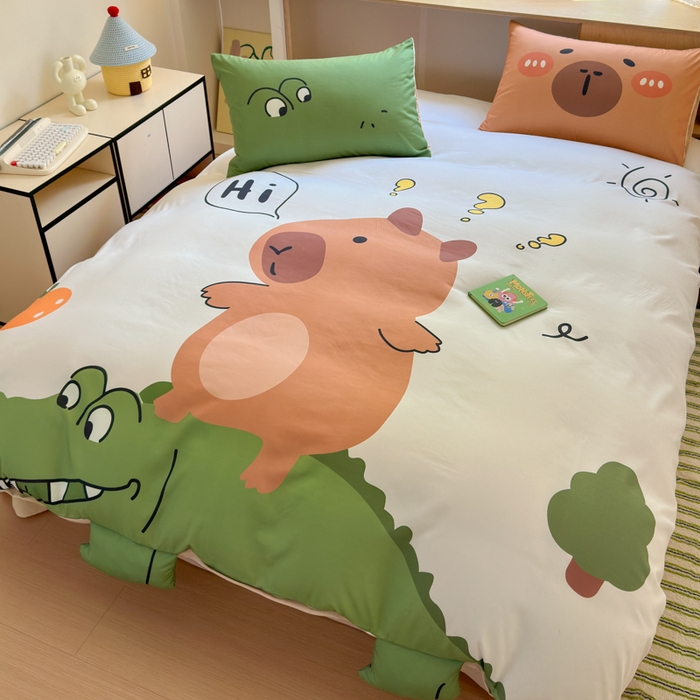 91家纺网 家纺一手货源 找家纺 一霖家纺 2025新款高克重云朵棉大版数码带脚丫四件套 大版-鳄鱼和巴拉