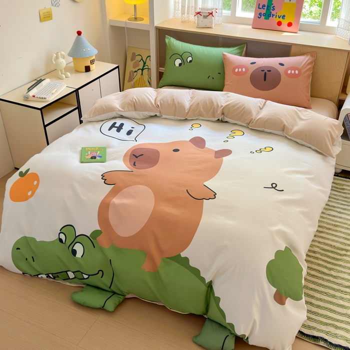 91家纺网 家纺一手货源 找家纺 一霖家纺 2025新款高克重云朵棉大版数码带脚丫四件套 大版-鳄鱼和巴拉