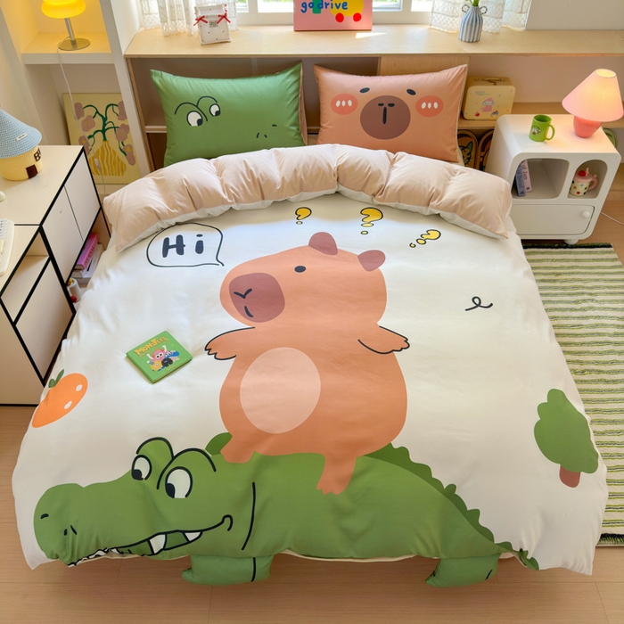 91家纺网 家纺一手货源 找家纺 一霖家纺 2025新款高克重云朵棉大版数码带脚丫四件套 大版-鳄鱼和巴拉