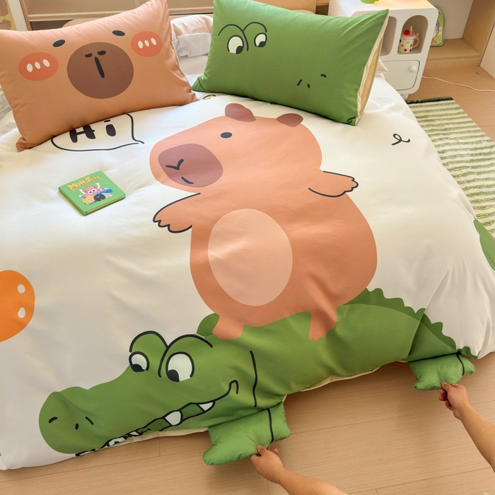 91家纺网 家纺一手货源 找家纺 一霖家纺 2025新款高克重云朵棉大版数码带脚丫四件套 大版-鳄鱼和巴拉