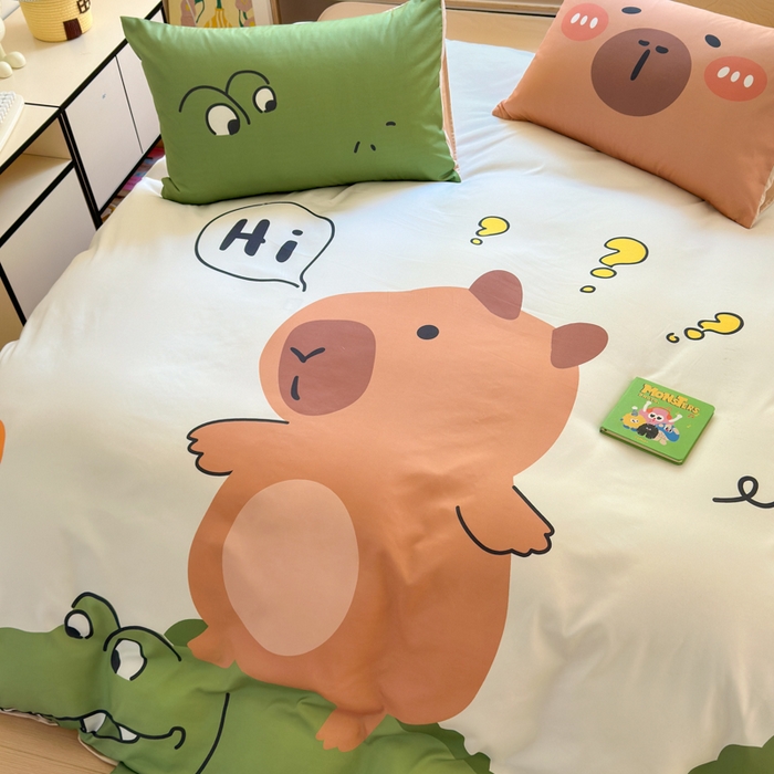 91家纺网 家纺一手货源 找家纺 一霖家纺 2025新款高克重云朵棉大版数码带脚丫四件套 大版-鳄鱼和巴拉