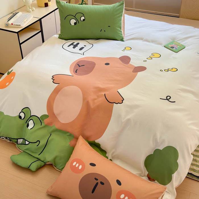 91家纺网 家纺一手货源 找家纺 一霖家纺 2025新款高克重云朵棉大版数码带脚丫四件套 大版-鳄鱼和巴拉