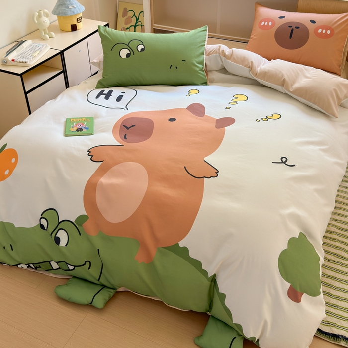 91家纺网 家纺一手货源 找家纺 一霖家纺 2025新款高克重云朵棉大版数码带脚丫四件套 大版-鳄鱼和巴拉