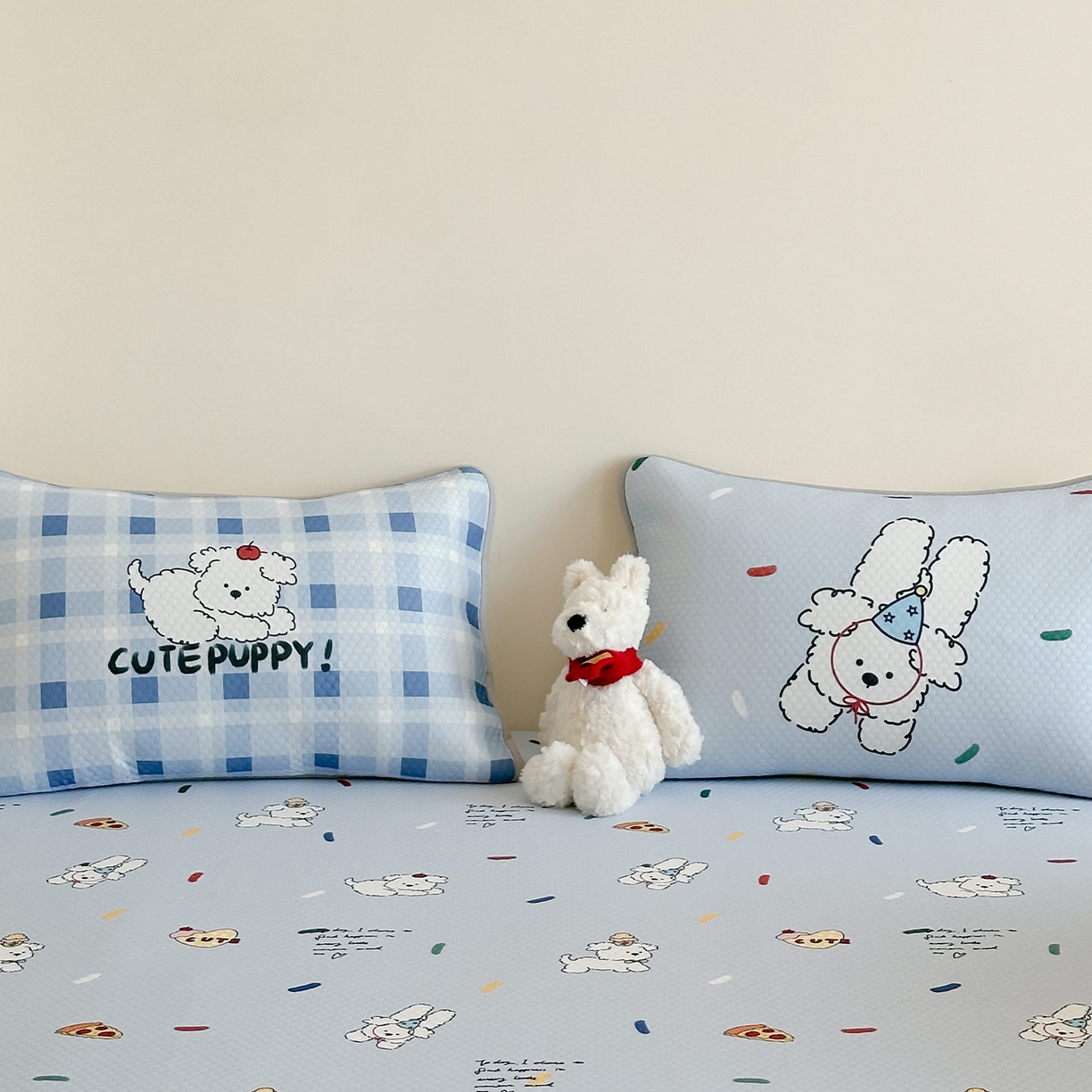 91家纺网 家纺一手货源 找家纺 RYB红黄兰 2025新款ins设计师原创A类数码大版卡通印花冰豆豆席凉席席子 糖果小白