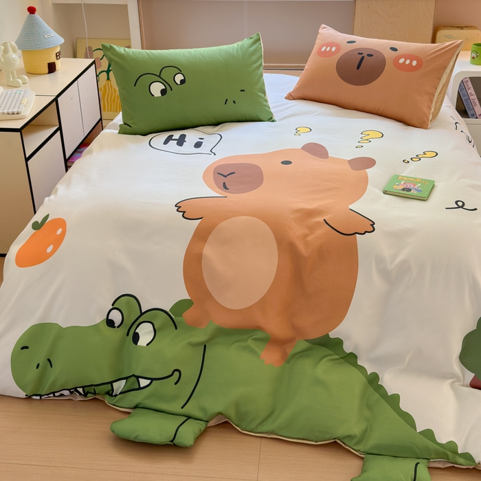 91家纺网 家纺一手货源 找家纺 一霖家纺 2025新款高克重云朵棉大版数码带脚丫四件套 大版-鳄鱼和巴拉