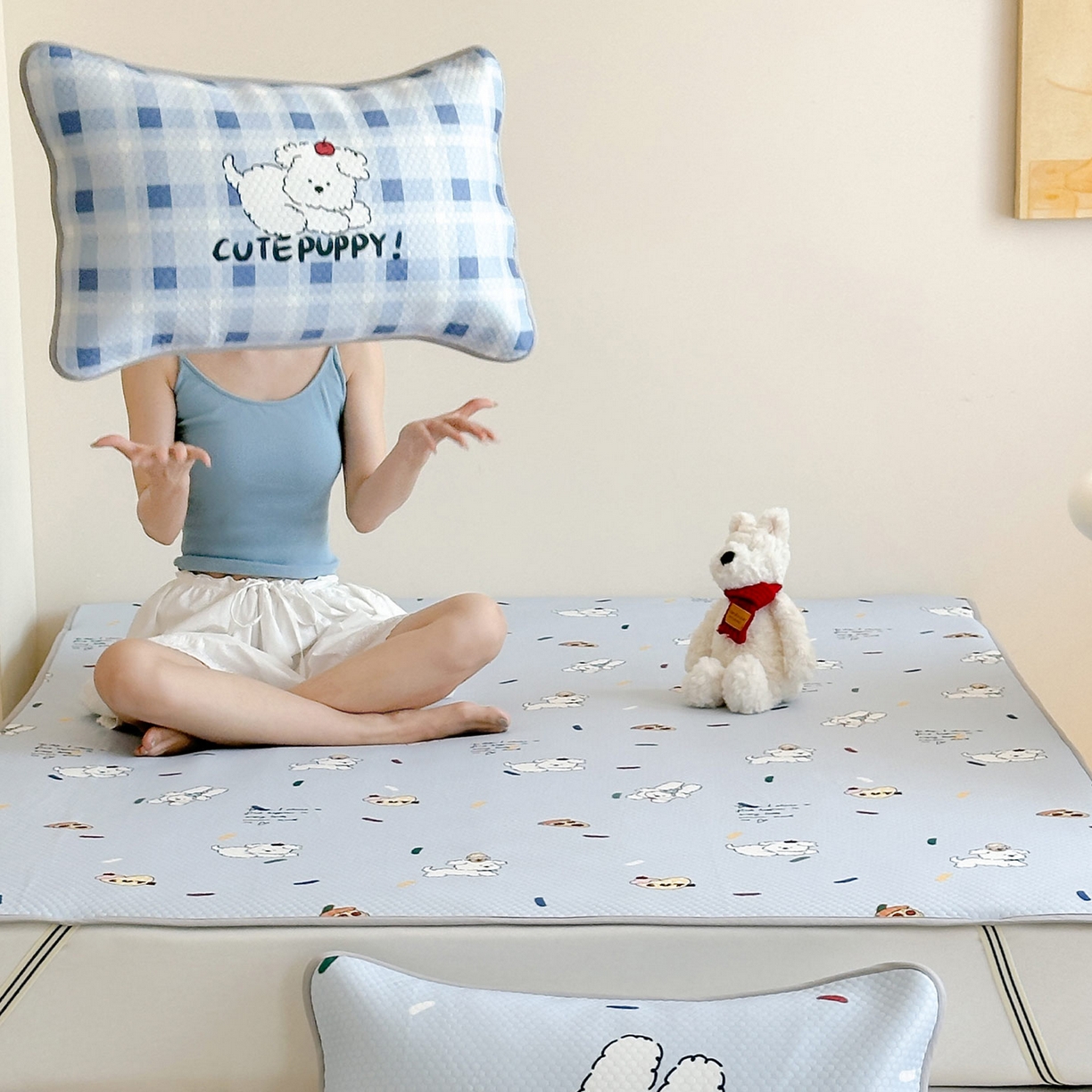 91家纺网 家纺一手货源 找家纺 RYB红黄兰 2025新款ins设计师原创A类数码大版卡通印花冰豆豆席凉席席子 糖果小白