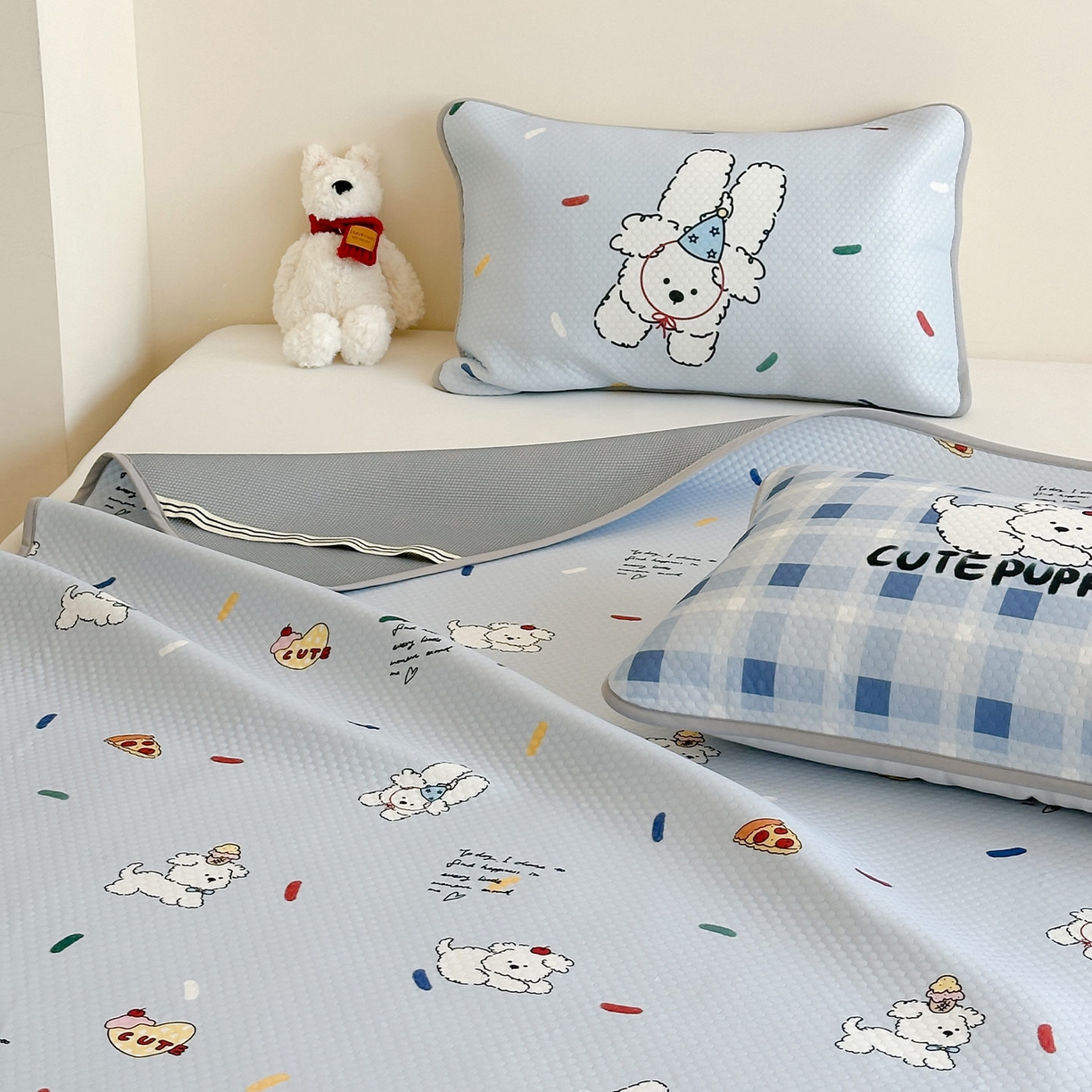 91家纺网 家纺一手货源 找家纺 RYB红黄兰 2025新款ins设计师原创A类数码大版卡通印花冰豆豆席凉席席子 糖果小白