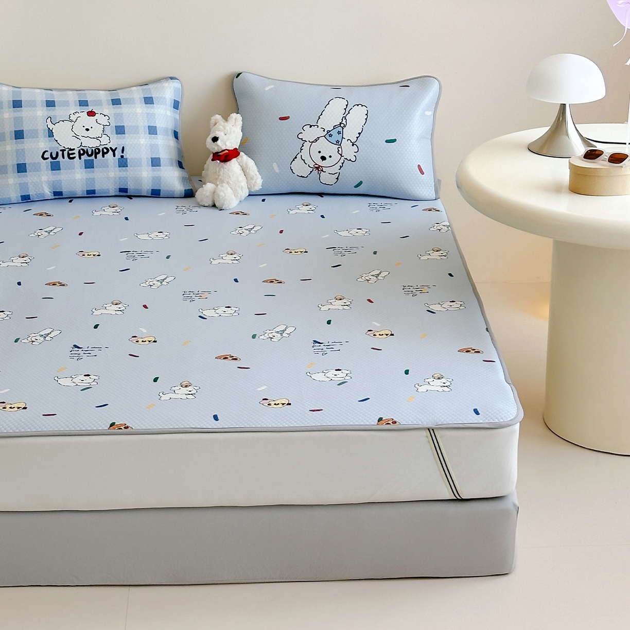 91家纺网 家纺一手货源 找家纺 RYB红黄兰 2025新款ins设计师原创A类数码大版卡通印花冰豆豆席凉席席子 糖果小白