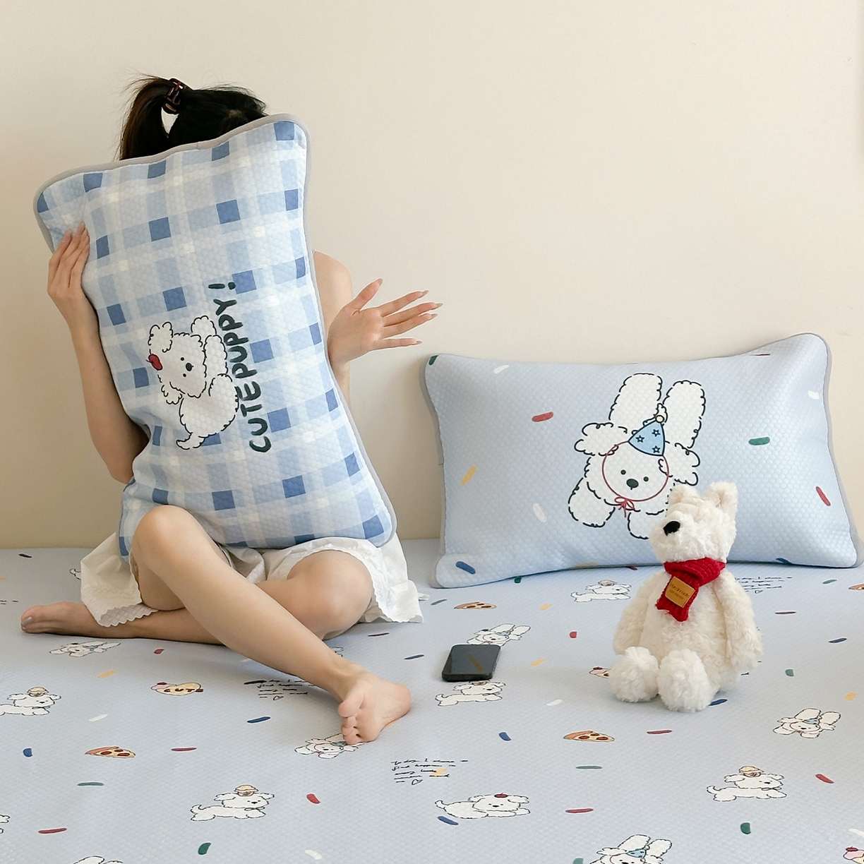 91家纺网 家纺一手货源 找家纺 RYB红黄兰 2025新款ins设计师原创A类数码大版卡通印花冰豆豆席凉席席子 糖果小白