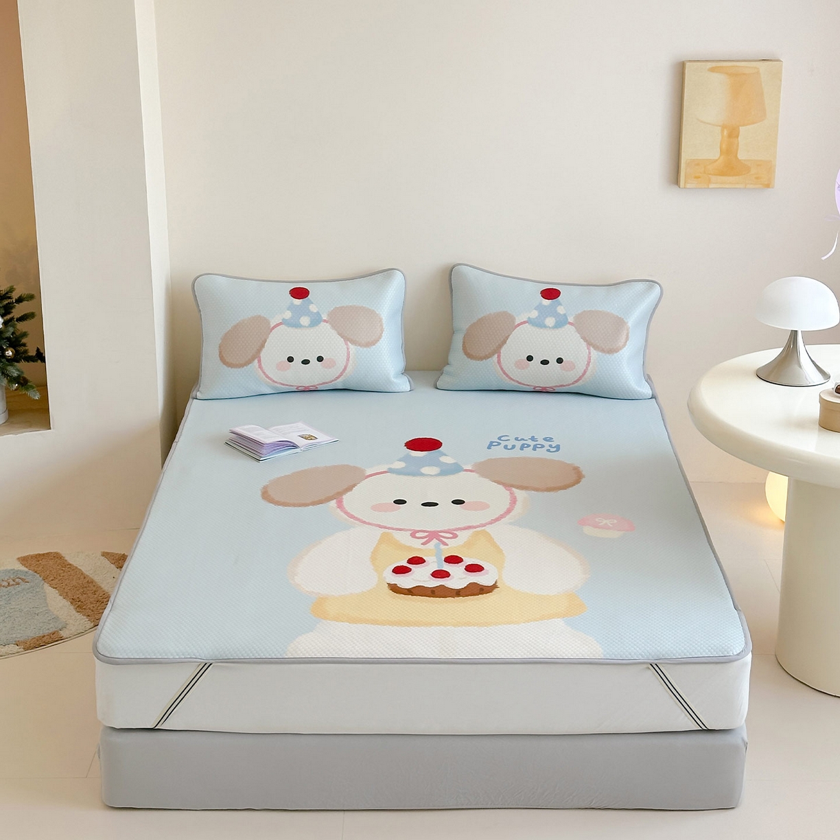 91家纺网 家纺一手货源 找家纺 RYB红黄兰 2025新款ins设计师原创A类数码大版卡通印花冰豆豆席凉席席子 蛋糕小狗