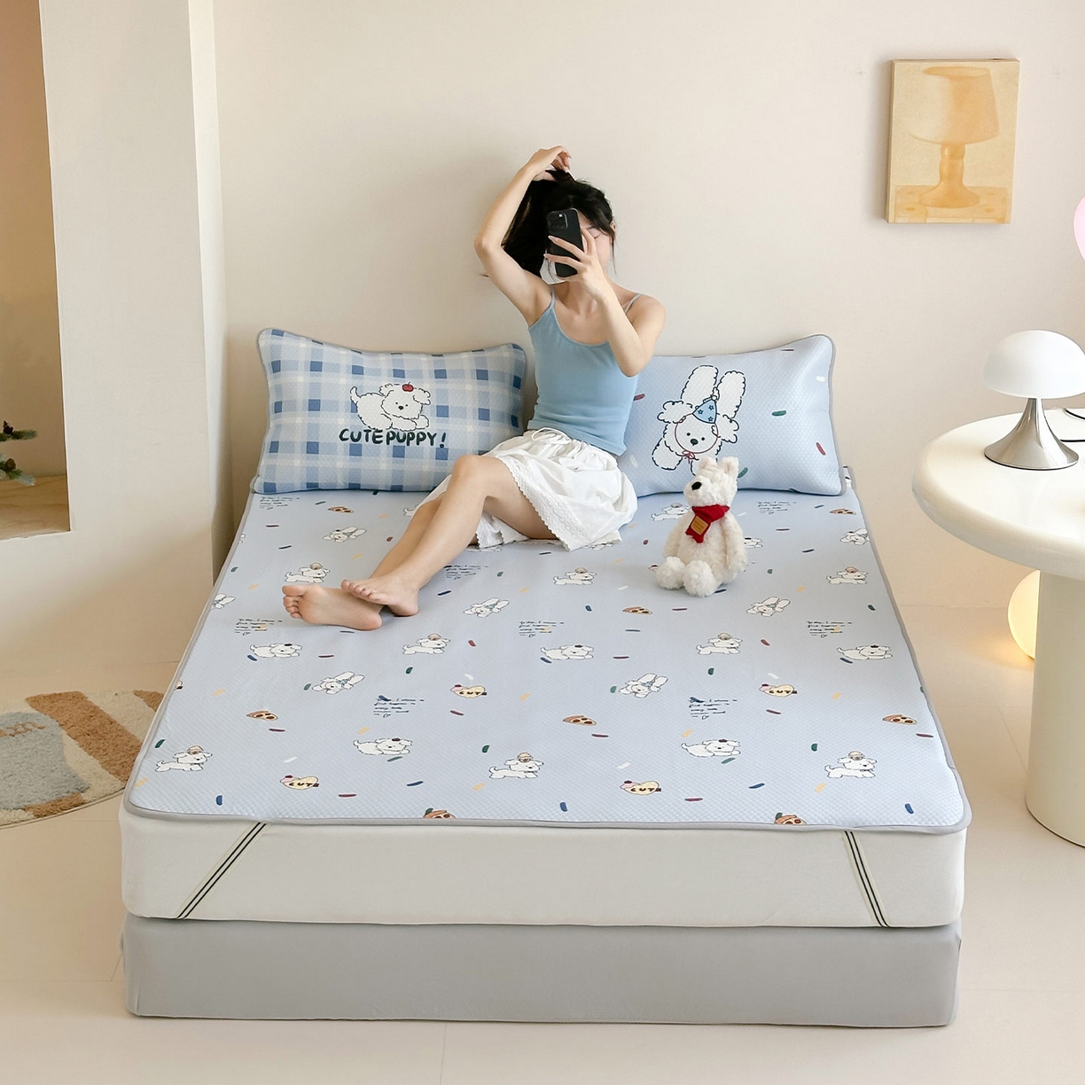 91家纺网 家纺一手货源 找家纺 RYB红黄兰 2025新款ins设计师原创A类数码大版卡通印花冰豆豆席凉席席子 糖果小白