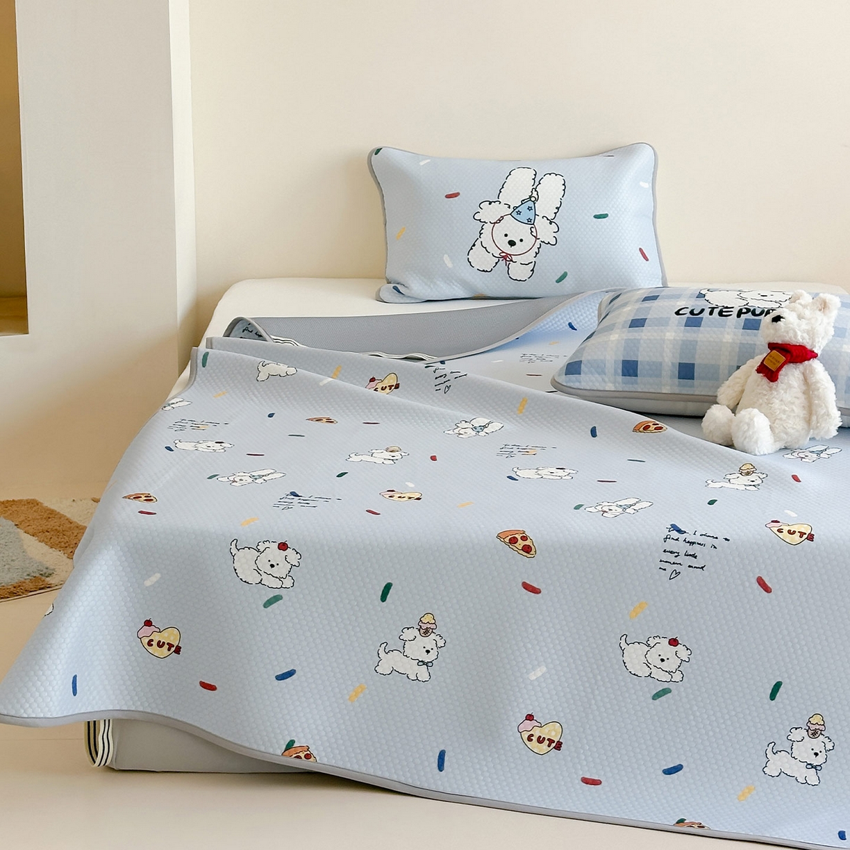 91家纺网 家纺一手货源 找家纺 RYB红黄兰 2025新款ins设计师原创A类数码大版卡通印花冰豆豆席凉席席子 糖果小白