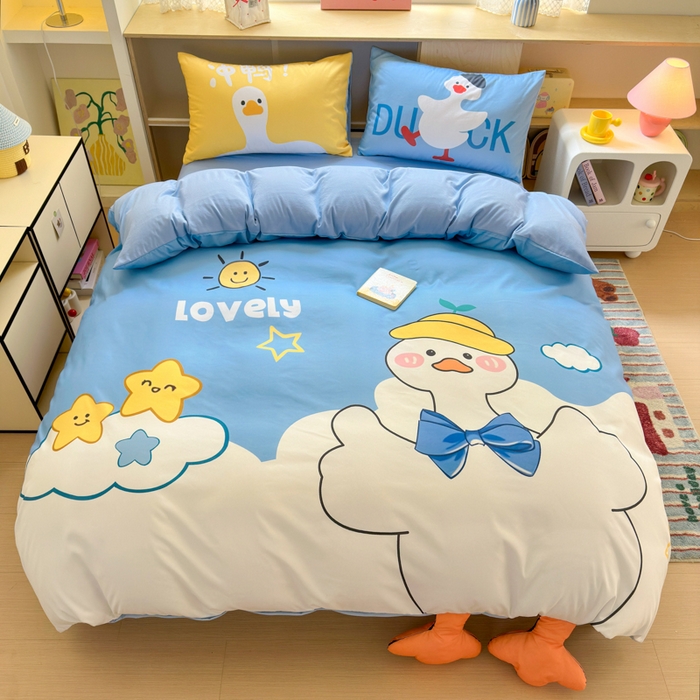 一霖家纺 2025新款高克重云朵棉大版数码带脚丫四件套 大版-快乐小鸭