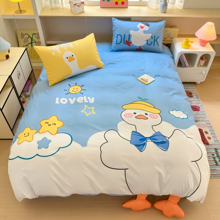 91家纺网 家纺一手货源 找家纺 一霖家纺 2025新款高克重云朵棉大版数码带脚丫四件套 大版-快乐小鸭