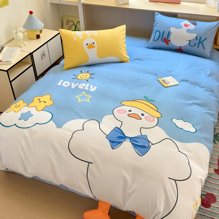 91家纺网 家纺一手货源 找家纺 一霖家纺 2025新款高克重云朵棉大版数码带脚丫四件套 大版-快乐小鸭