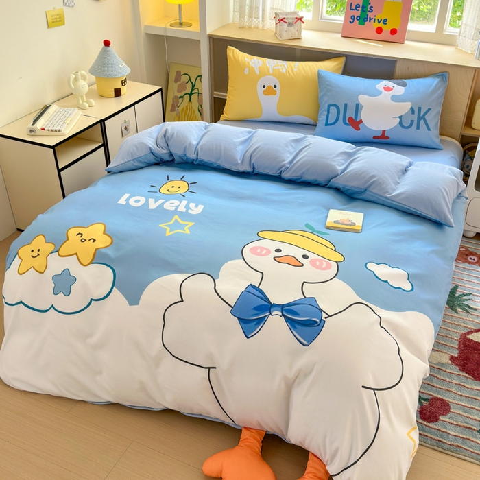 91家纺网 家纺一手货源 找家纺 一霖家纺 2025新款高克重云朵棉大版数码带脚丫四件套 大版-快乐小鸭