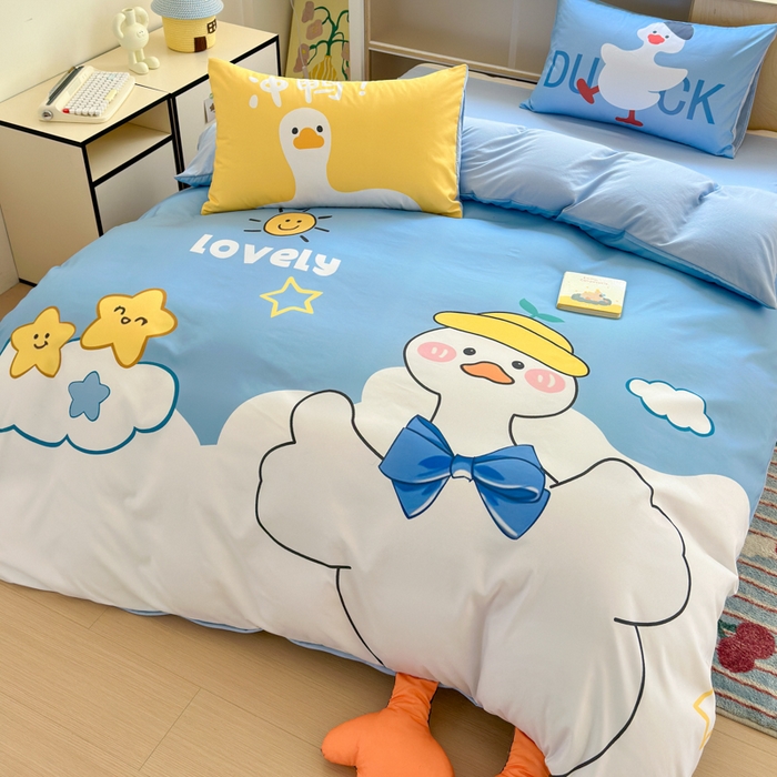 91家纺网 家纺一手货源 找家纺 一霖家纺 2025新款高克重云朵棉大版数码带脚丫四件套 大版-快乐小鸭