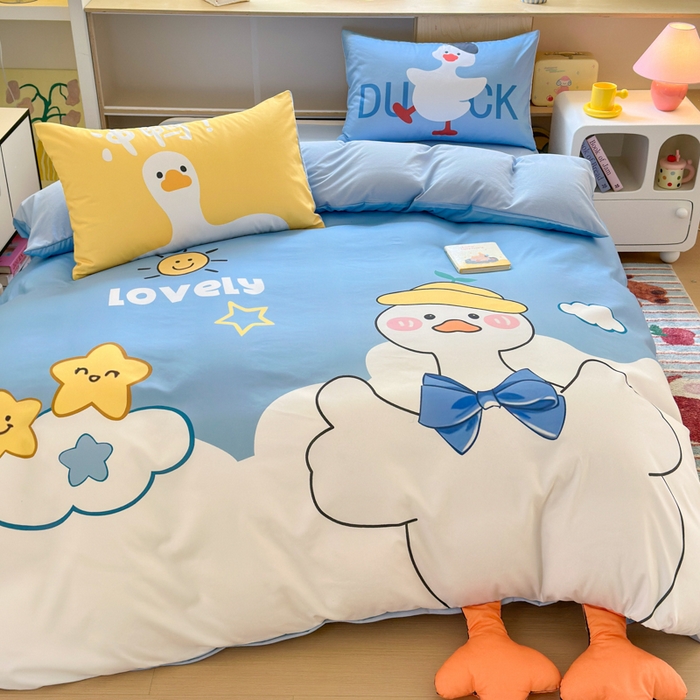 91家纺网 家纺一手货源 找家纺 一霖家纺 2025新款高克重云朵棉大版数码带脚丫四件套 大版-快乐小鸭