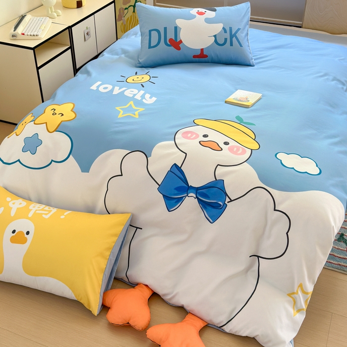 91家纺网 家纺一手货源 找家纺 一霖家纺 2025新款高克重云朵棉大版数码带脚丫四件套 大版-快乐小鸭