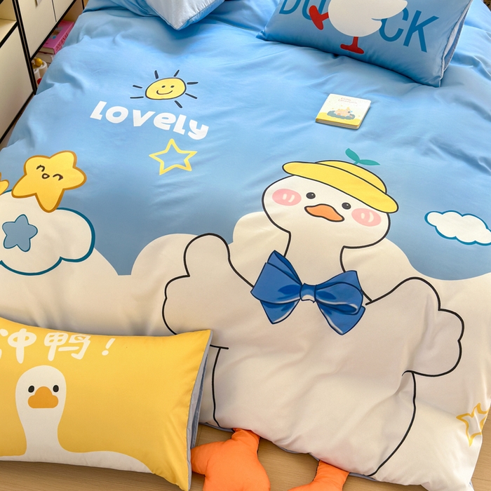 91家纺网 家纺一手货源 找家纺 一霖家纺 2025新款高克重云朵棉大版数码带脚丫四件套 大版-快乐小鸭