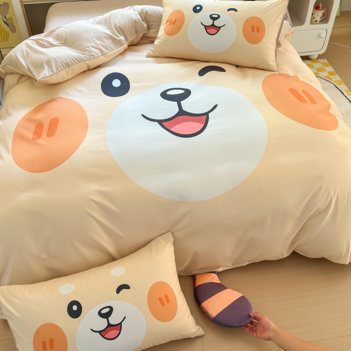 91家纺网 家纺一手货源 找家纺 一霖家纺 2025新款高克重云朵棉大版数码带脚丫四件套 大版-小浣熊