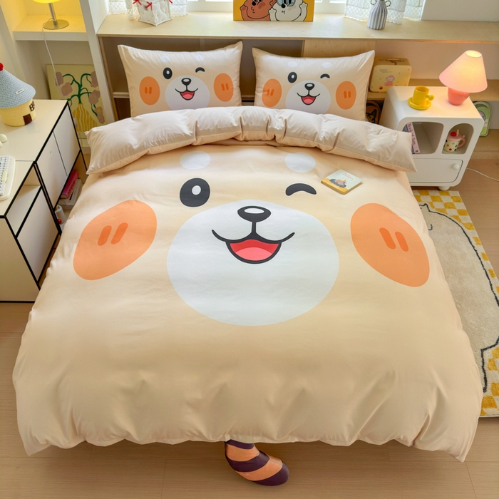 91家纺网 家纺一手货源 找家纺 一霖家纺 2025新款高克重云朵棉大版数码带脚丫四件套 大版-小浣熊