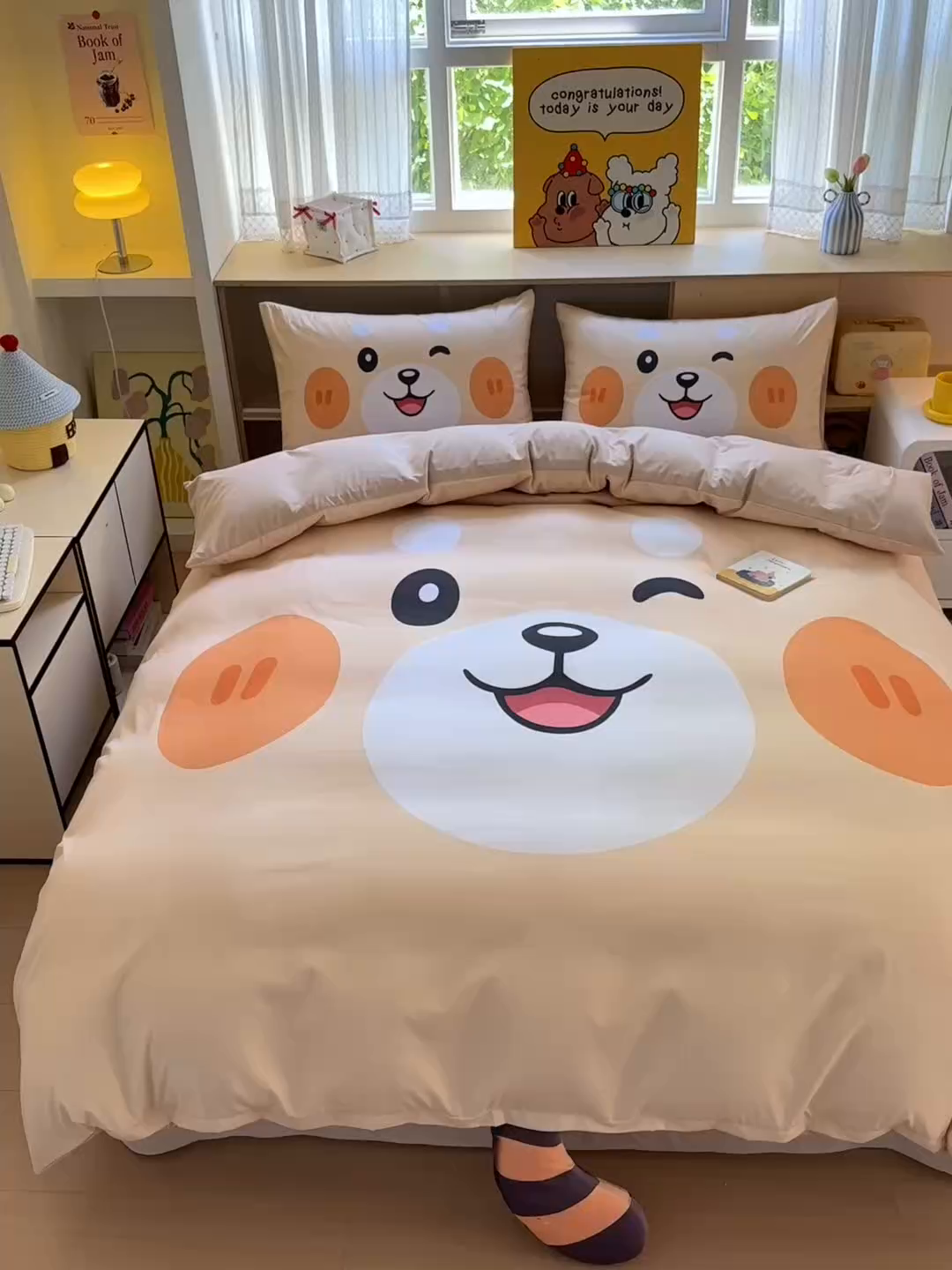 91家纺网 家纺一手货源 找家纺 一霖家纺 2025新款高克重云朵棉大版数码带脚丫四件套 大版-小浣熊