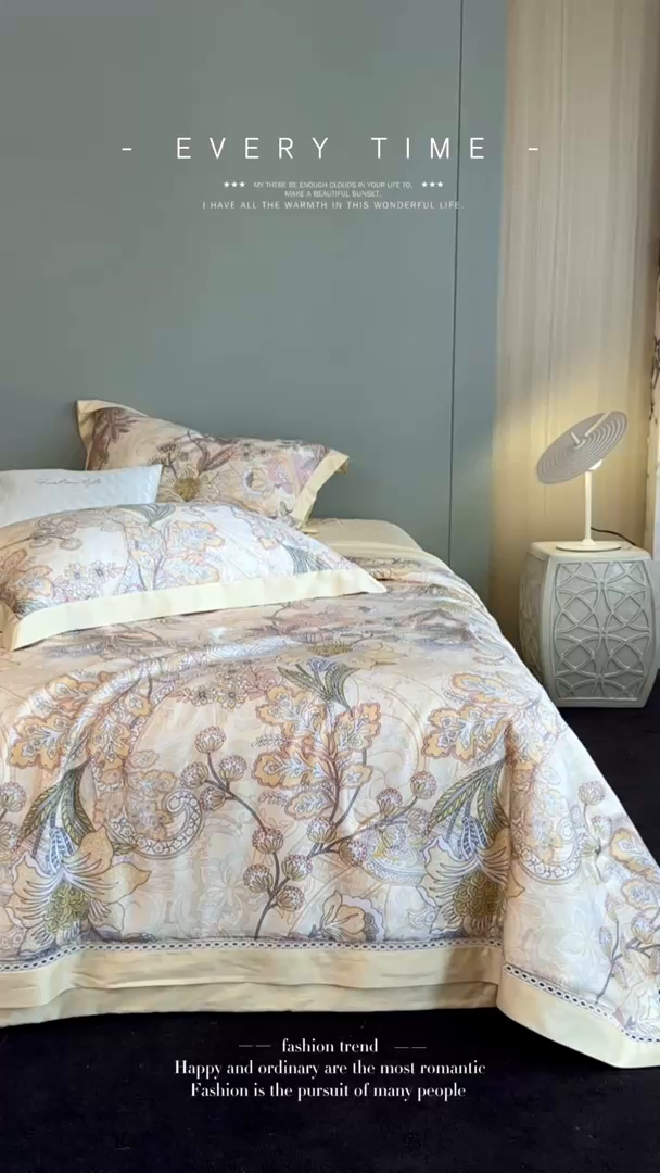 91家纺网 家纺一手货源 找家纺 时亿家居 2025新款100s天丝棉兰精天丝床盖款夏被四件套-剑桥系列 剑桥 金