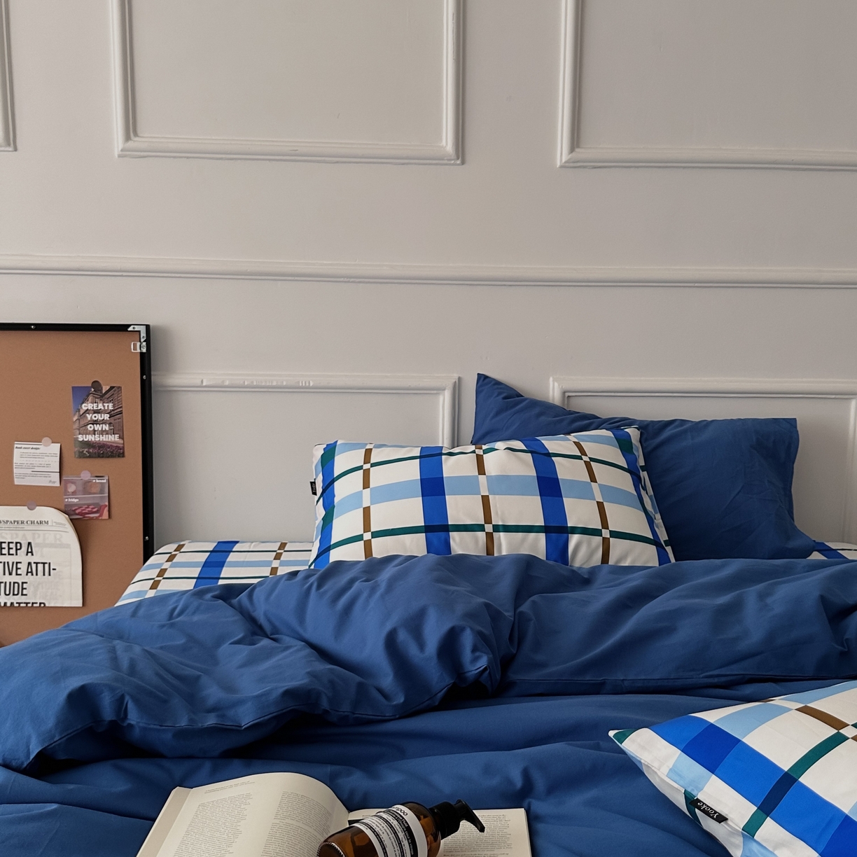 91家纺网 家纺一手货源 找家纺 柚可家居 2025新款40支色织水洗棉四件套-尼维格调 尼维格调（枕套越蓝+格子）