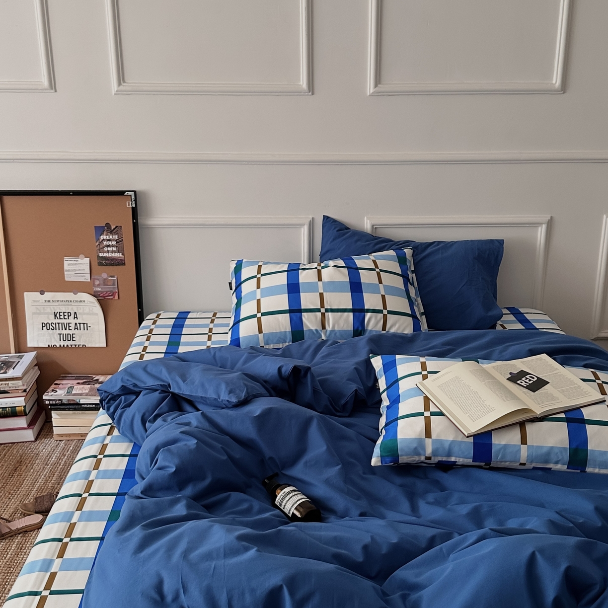 91家纺网 家纺一手货源 找家纺 柚可家居 2025新款40支色织水洗棉四件套-尼维格调 尼维格调（枕套越蓝+格子）