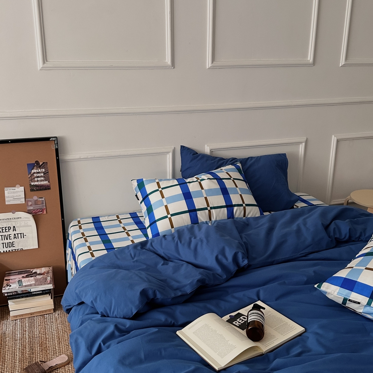 91家纺网 家纺一手货源 找家纺 柚可家居 2025新款40支色织水洗棉四件套-尼维格调 尼维格调（枕套越蓝+格子）