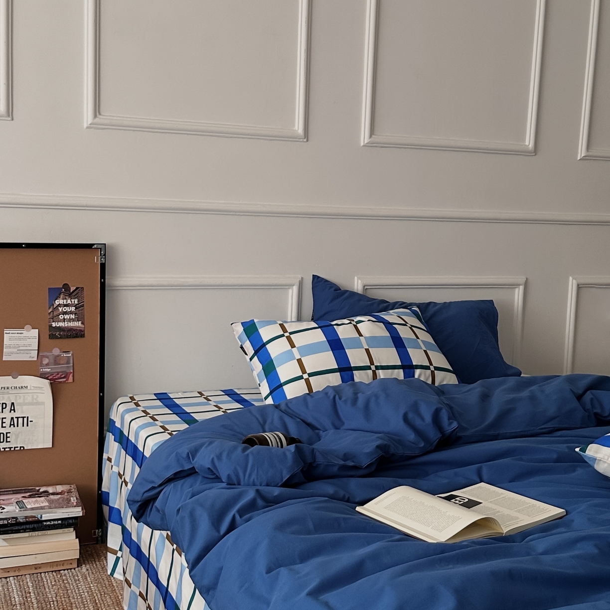 91家纺网 家纺一手货源 找家纺 柚可家居 2025新款40支色织水洗棉四件套-尼维格调 尼维格调（枕套越蓝+格子）