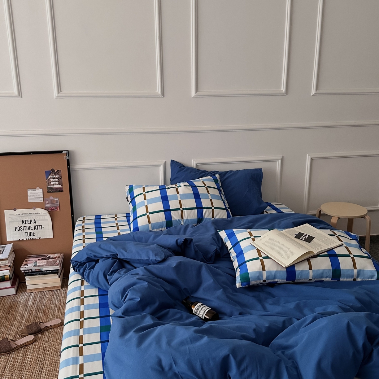 91家纺网 家纺一手货源 找家纺 柚可家居 2025新款40支色织水洗棉四件套-尼维格调 尼维格调（枕套越蓝+格子）