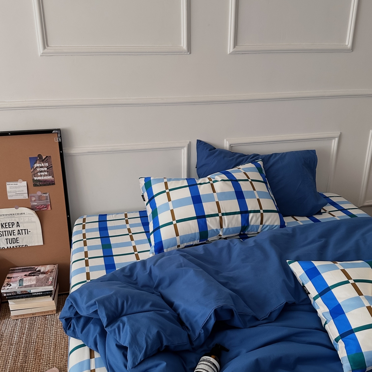 91家纺网 家纺一手货源 找家纺 柚可家居 2025新款40支色织水洗棉四件套-尼维格调 尼维格调（枕套越蓝+格子）