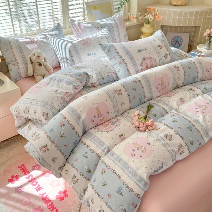 91家纺网 家纺一手货源 找家纺 多品家纺 2025新款ins风水洗棉学生宿舍三件套 兔兔庄园