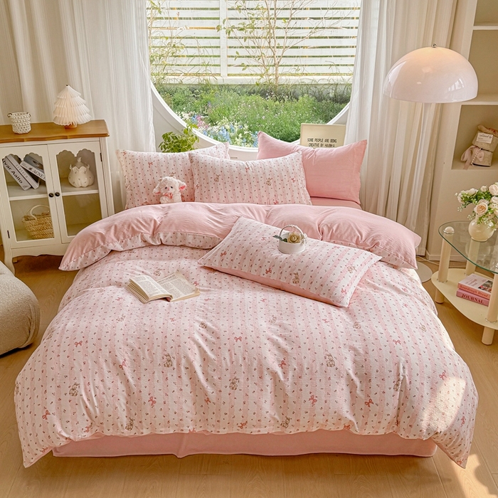 91家纺网 家纺一手货源 找家纺 壹号库家纺 2025新款云感木绵皱皱双层纱四件套-简单款 蕾丝小兔