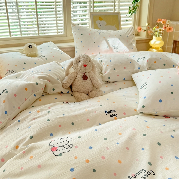 91家纺网 家纺一手货源 找家纺 多品家纺 2025新款ins风水洗棉学生宿舍三件套 波点狗