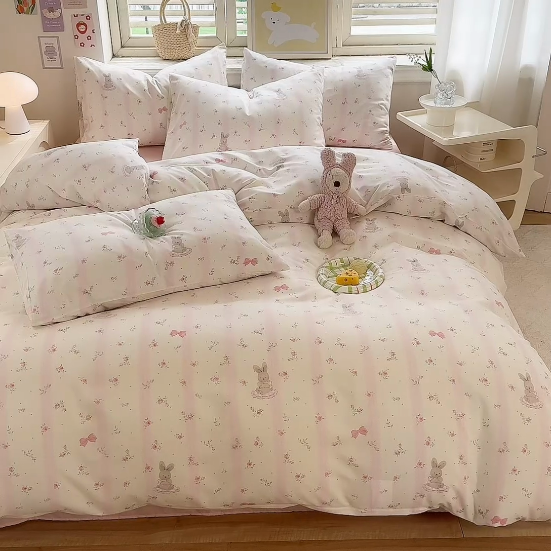 91家纺网 家纺一手货源 找家纺 多品家纺 2025新款ins风水洗棉学生宿舍三件套 兔斑比