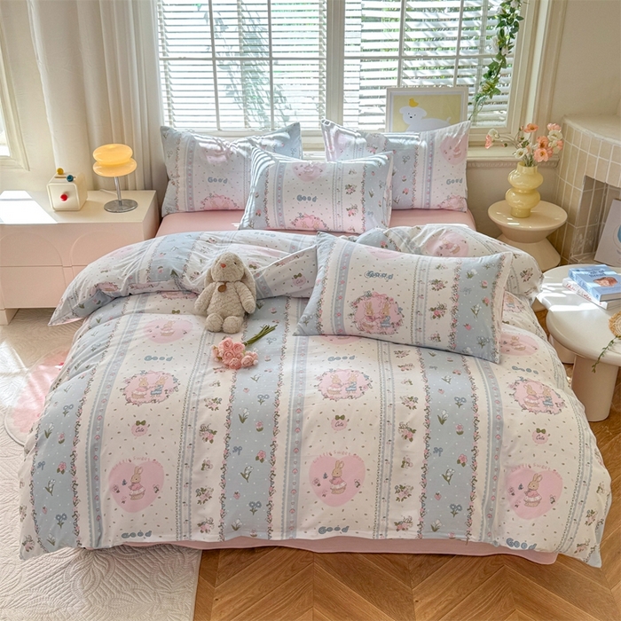 91家纺网 家纺一手货源 找家纺 多品家纺 2025新款ins风水洗棉学生宿舍三件套 兔兔庄园