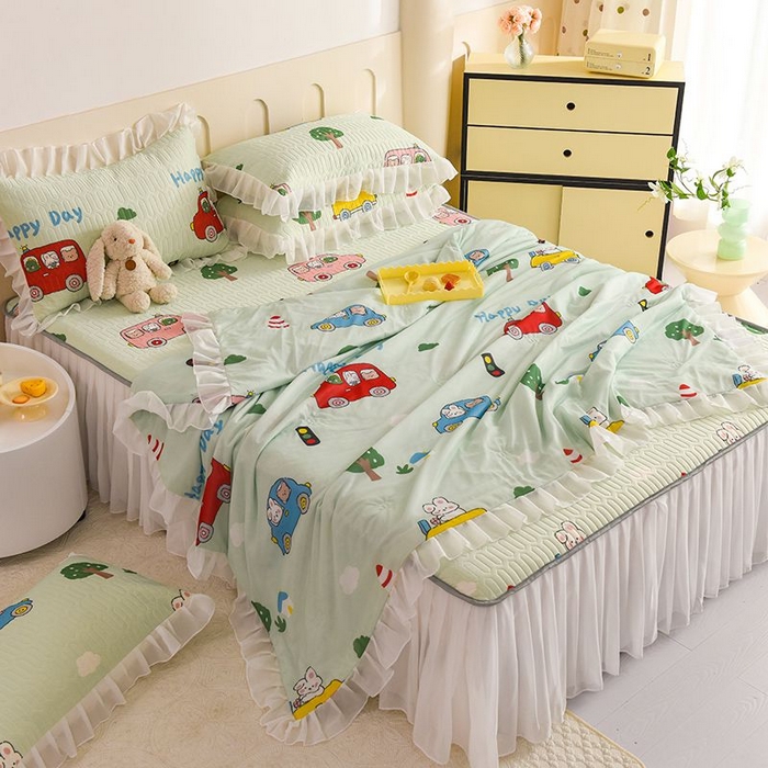 91家纺网 家纺一手货源 找家纺 悦织湾家纺 2025新款A类凉感丝床裙款乳胶凉席席子夏被夏凉被空调被四件套 宝宝巴士