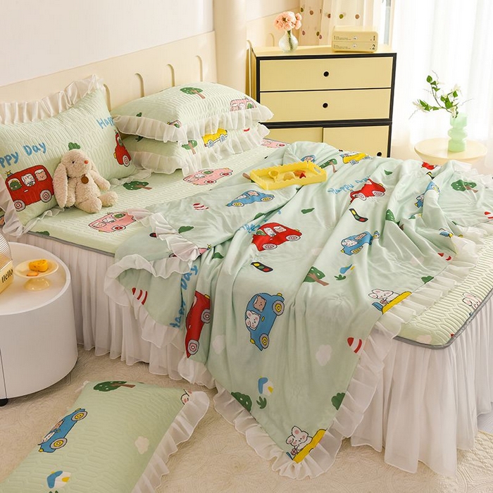 91家纺网 家纺一手货源 找家纺 悦织湾家纺 2025新款A类凉感丝床裙款乳胶凉席席子夏被夏凉被空调被四件套 宝宝巴士