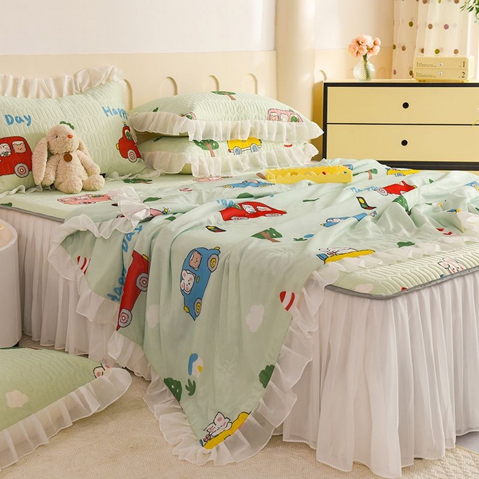 91家纺网 家纺一手货源 找家纺 悦织湾家纺 2025新款A类凉感丝床裙款乳胶凉席席子夏被夏凉被空调被四件套 宝宝巴士